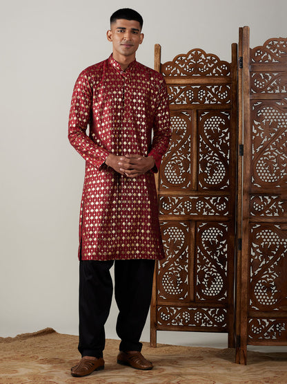 Men's Maroon Viscose Straight Kurta and Patiala Set