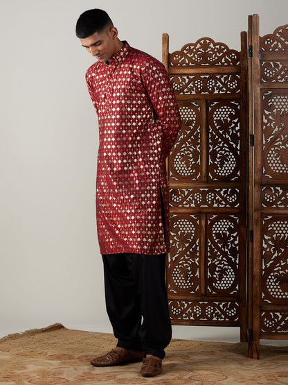 Men's Maroon Viscose Straight Kurta and Patiala Set