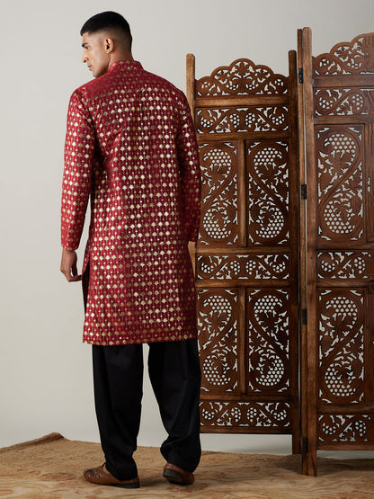 Men's Maroon Viscose Straight Kurta and Patiala Set