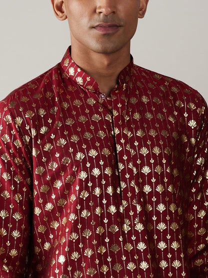 Men's Maroon Viscose Straight Kurta and Patiala Set