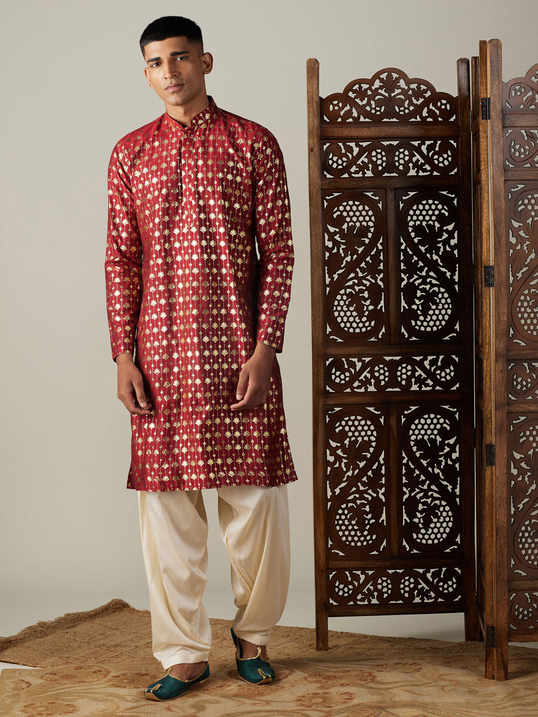 Men's Maroon Viscose Straight Kurta and Patiala Set
