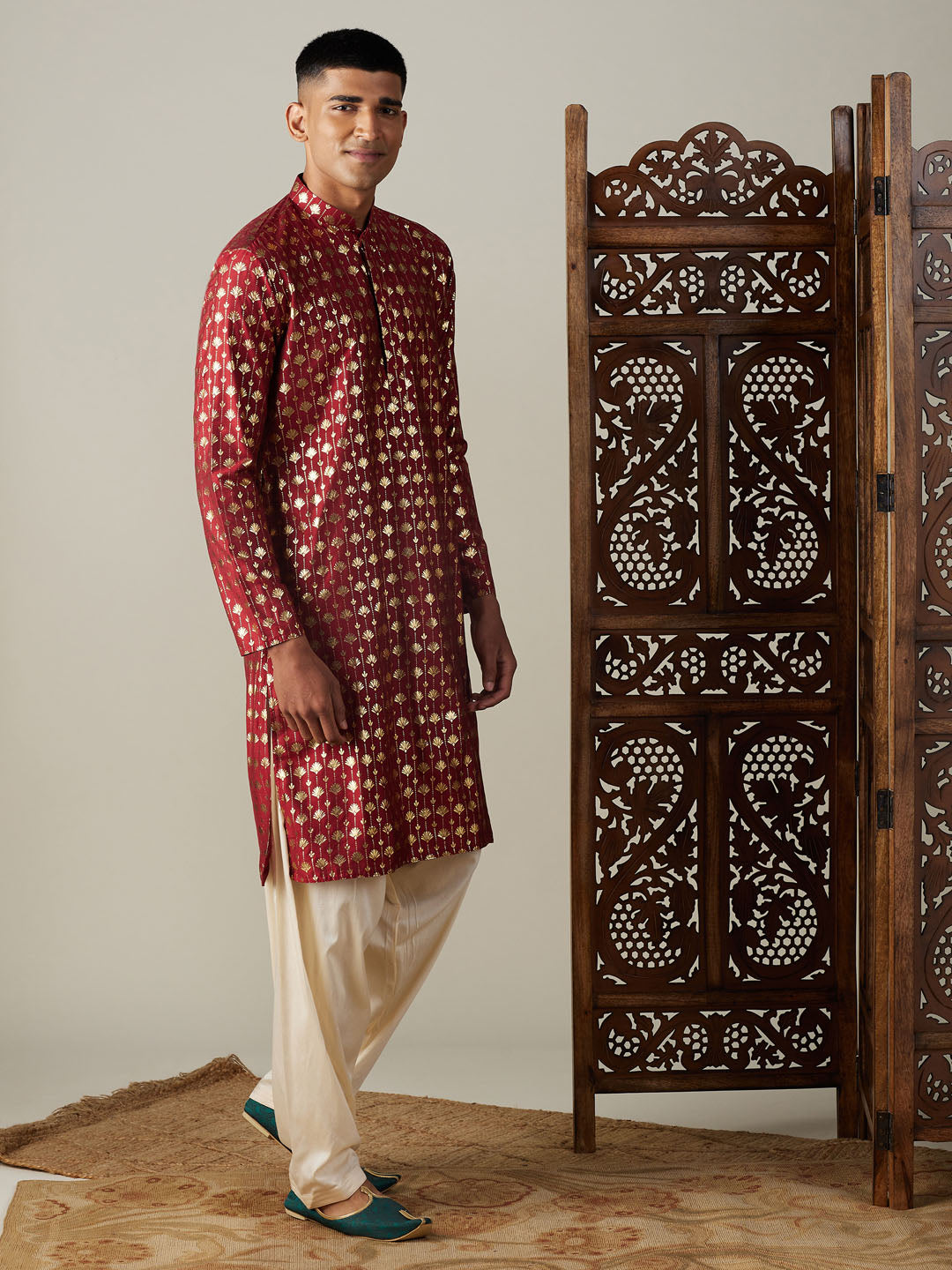 Men's Maroon Viscose Straight Kurta and Patiala Set