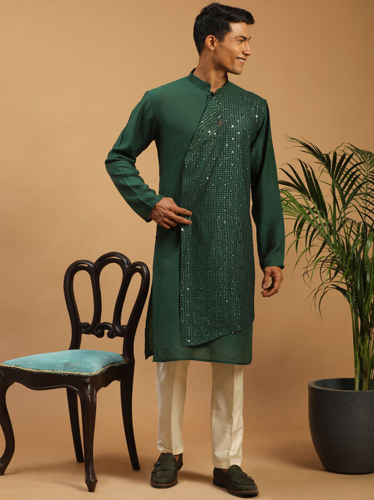 Men's Green Cotton Blend Straight Kurta Pyjama Set