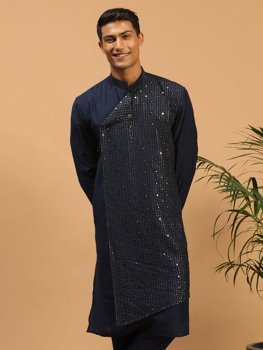 Men's Navy Blue Cotton Blend Straight Kurta