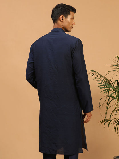 Men's Navy Blue Cotton Blend Straight Kurta