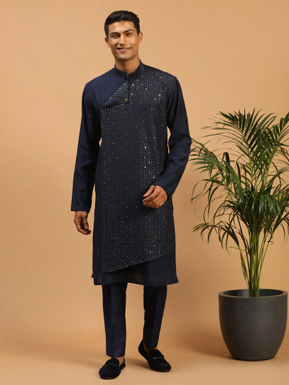 Men's Navy Blue Cotton Blend Straight Kurta
