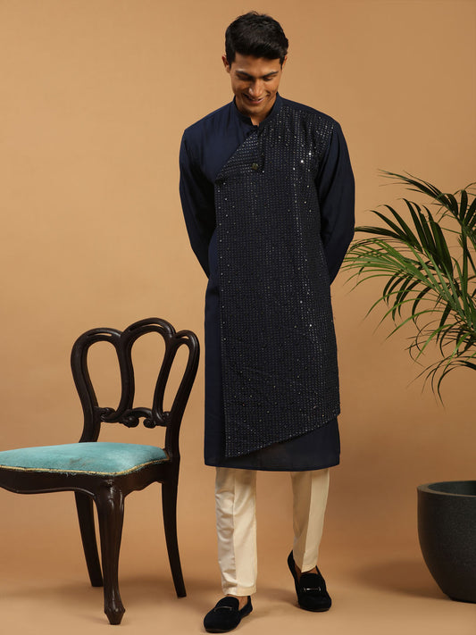 Men's Navy Blue Cotton Blend Straight Kurta Pyjama Set