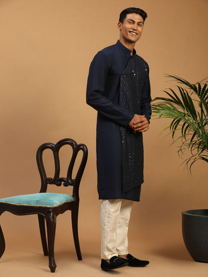 Men's Navy Blue Cotton Blend Straight Kurta Pyjama Set