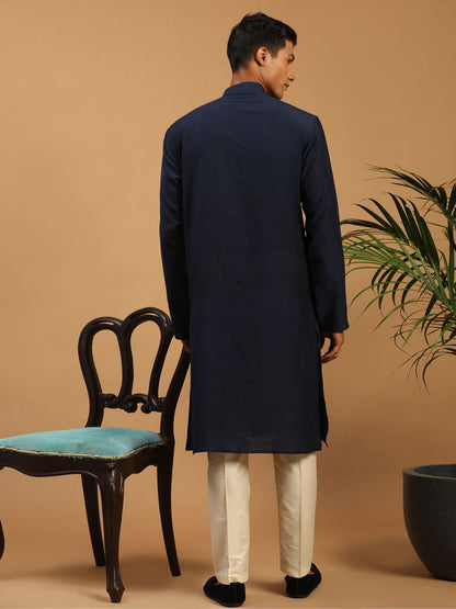 Men's Navy Blue Cotton Blend Straight Kurta Pyjama Set
