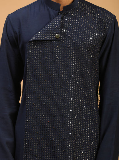 Men's Navy Blue Cotton Blend Straight Kurta Pyjama Set