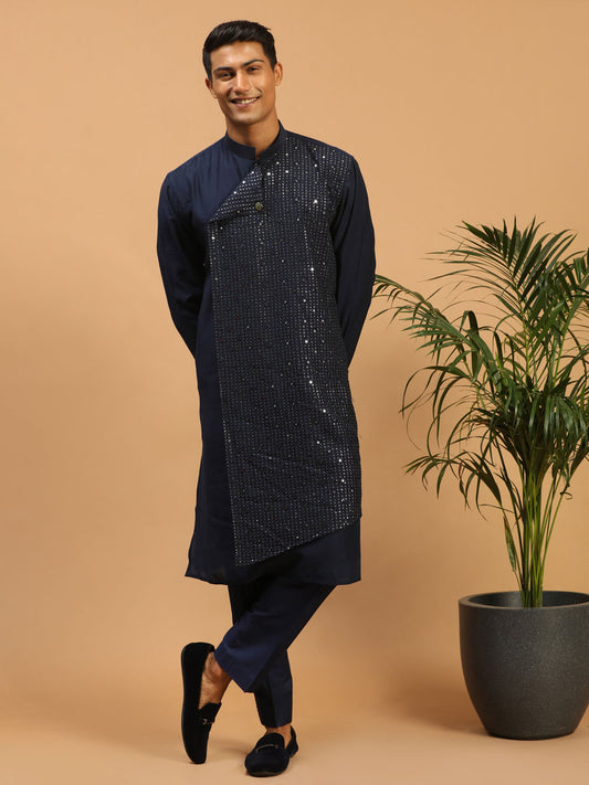 Men's Navy Blue Cotton Blend Straight Kurta Pyjama Set