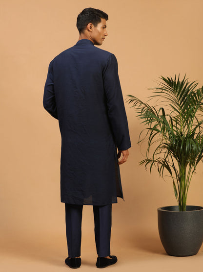 Men's Navy Blue Cotton Blend Straight Kurta Pyjama Set