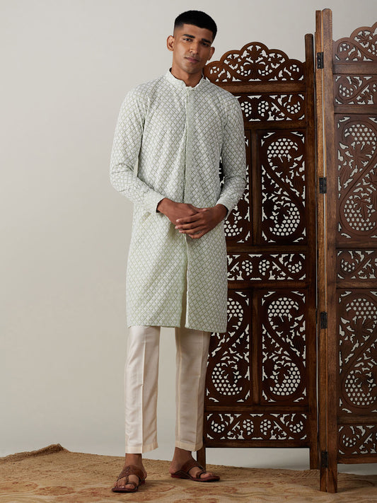 Men's Green Georgette Straight Kurta Pyjama Set