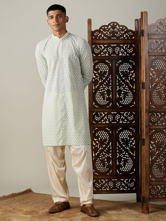 Men's Green Georgette Straight Kurta and Patiala Set