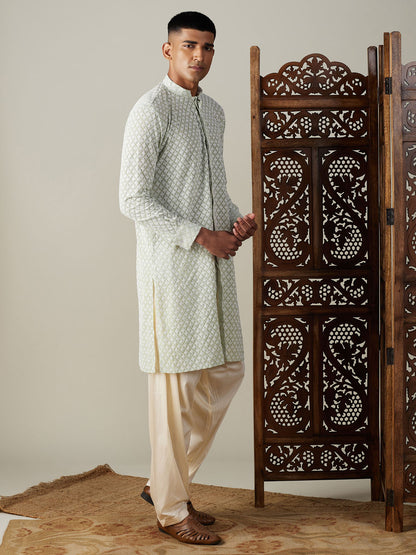 Men's Green Georgette Straight Kurta and Patiala Set