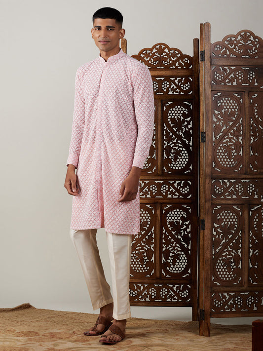 Men's Pink Georgette Straight Kurta Pyjama Set