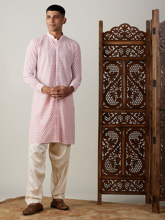 Men's Pink Georgette Straight Kurta and Patiala Set