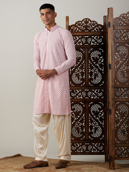 Men's Pink Georgette Straight Kurta and Patiala Set
