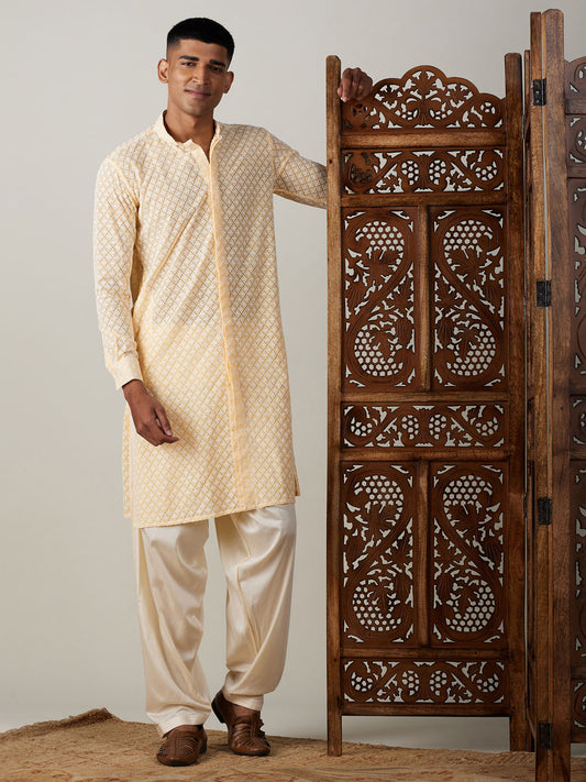 Men's Cream Georgette Straight Kurta and Patiala Set