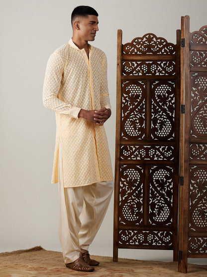 Men's Cream Georgette Straight Kurta and Patiala Set