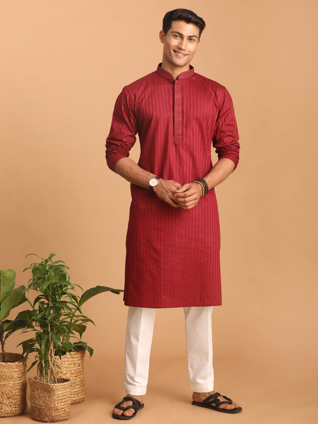 Men's Maroon Cotton Blend Straight Kurta Pyjama Set