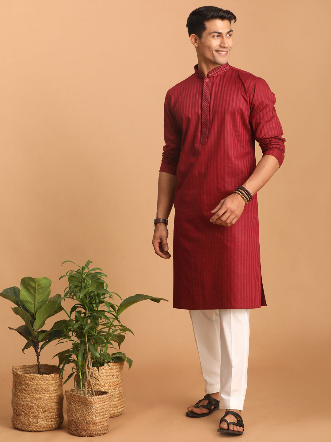 Men's Maroon Cotton Blend Straight Kurta Pyjama Set