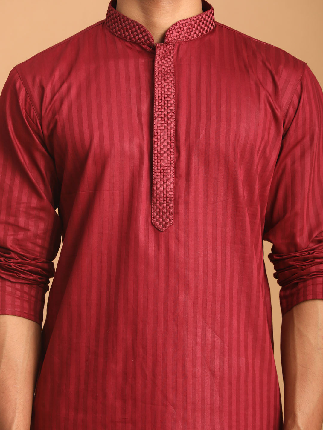 Men's Maroon Cotton Blend Straight Kurta Pyjama Set