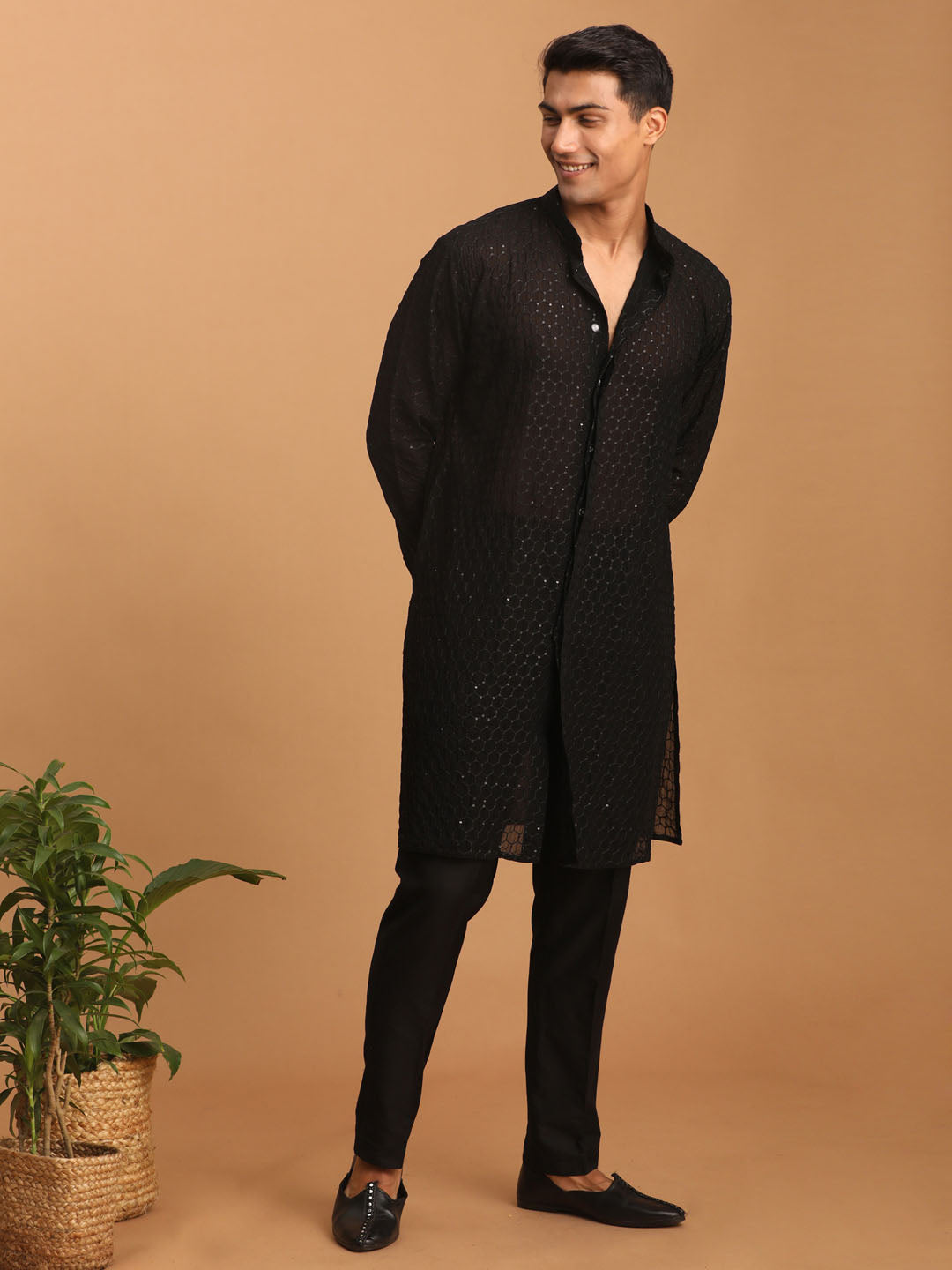 Men's Black Georgette Straight Kurta Pyjama Set