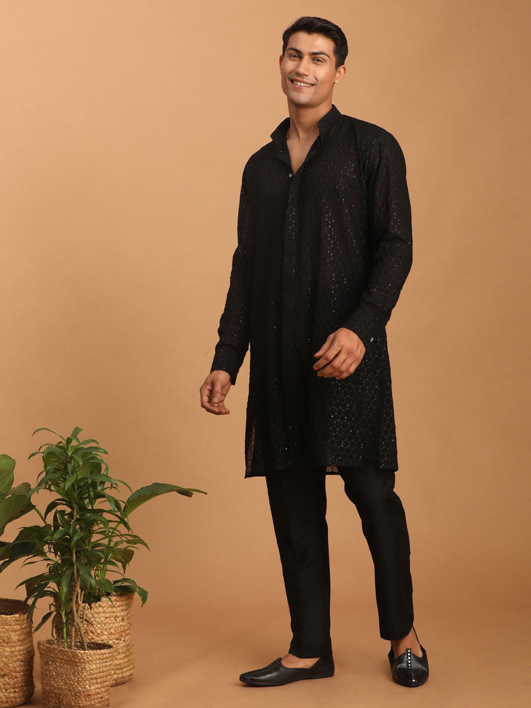 Men's Black Georgette Straight Kurta Pyjama Set