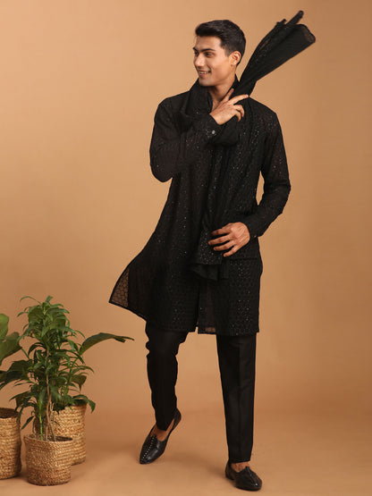 Men's Black Georgette Straight Kurta  Pyjama & Dupatta Set