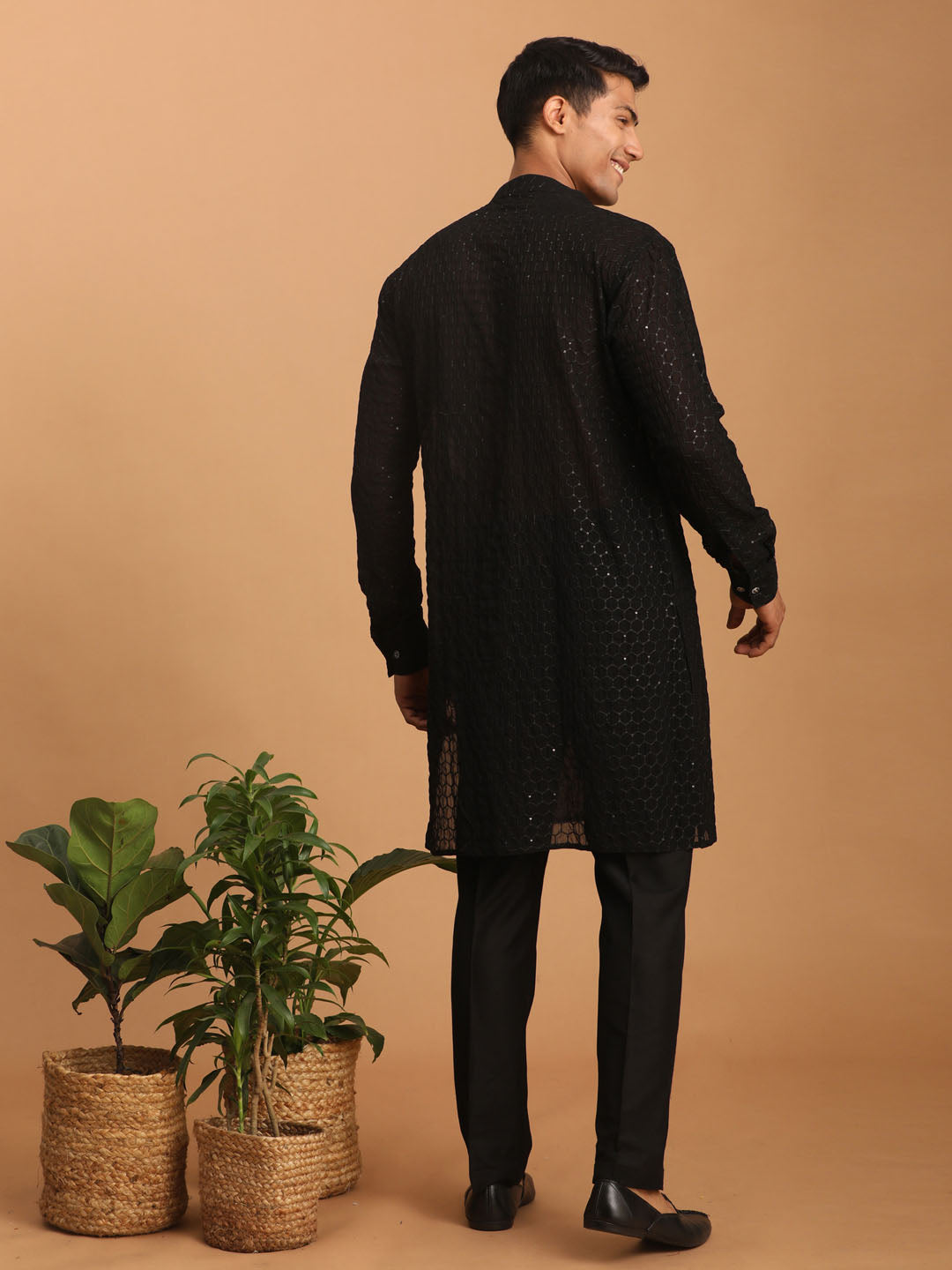 Men's Black Georgette Straight Kurta  Pyjama & Dupatta Set