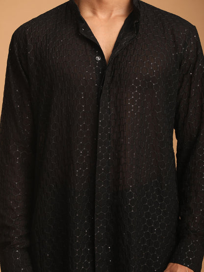Men's Black Georgette Straight Kurta  Pyjama & Dupatta Set