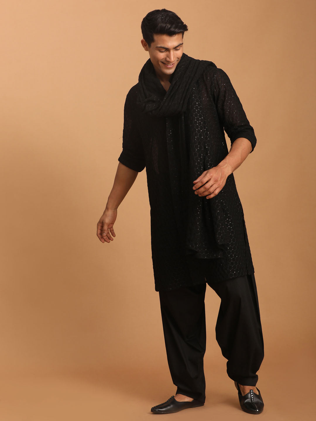 Men's Black Georgette Straight Kurta  Pyjama & Dupatta Set