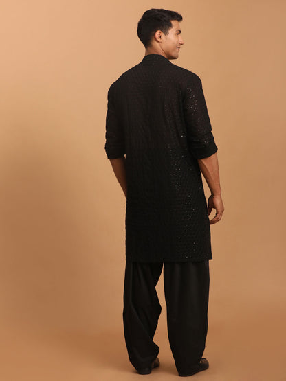 Men's Black Georgette Straight Kurta  Pyjama & Dupatta Set