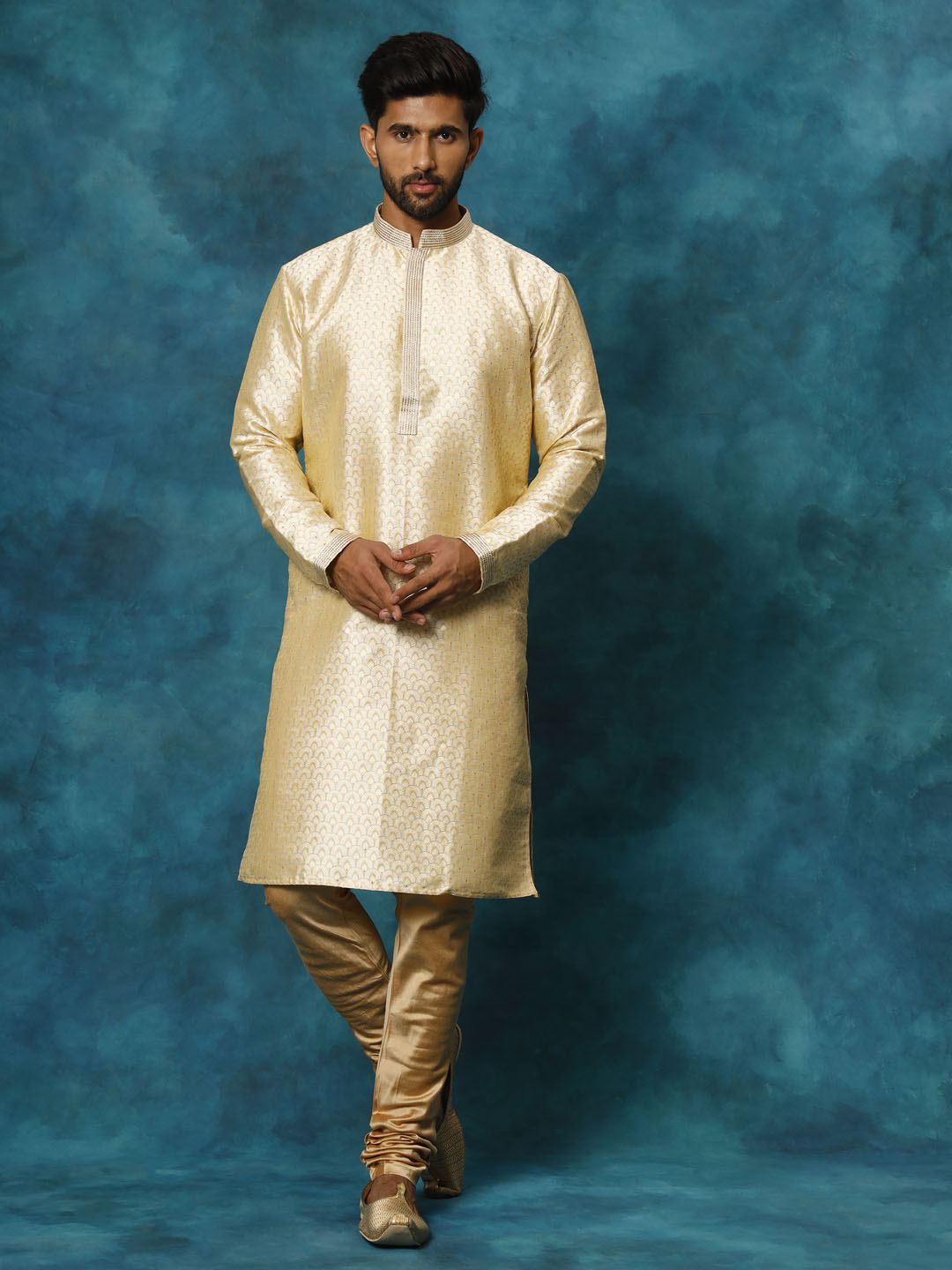 Men's Gold Silk Blend Straight Kurta Pyjama Set