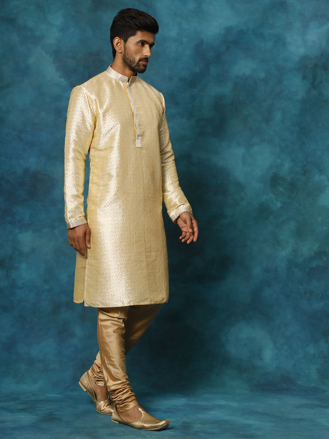 Men's Gold Silk Blend Straight Kurta Pyjama Set