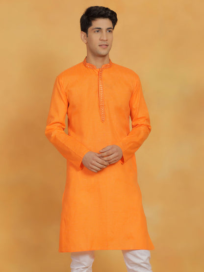 Men's Orange Cotton Straight Kurta