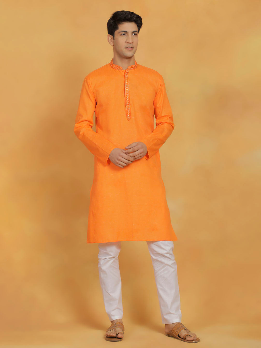 Men's Orange Cotton Straight Kurta