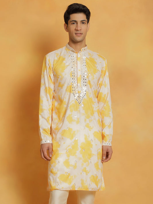 Men's Yellow Cotton Blend Straight Kurta