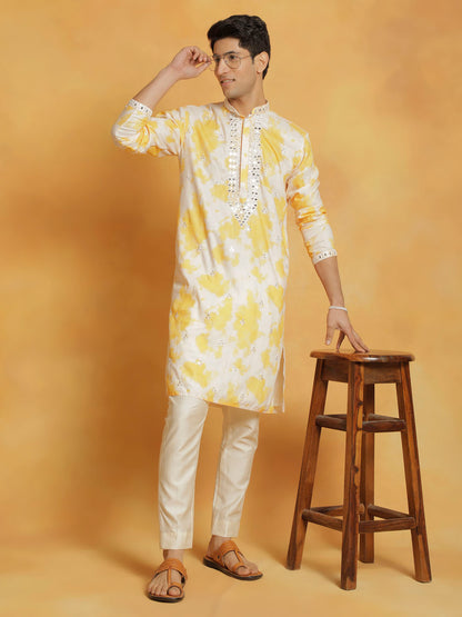 Men's Yellow Cotton Blend Straight Kurta