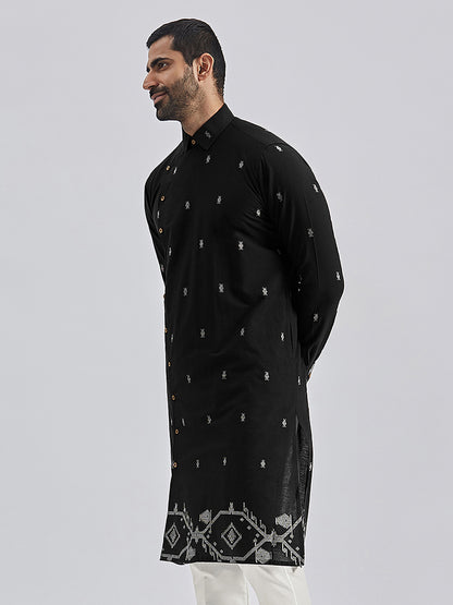 Men's Black Cotton Straight Kurta