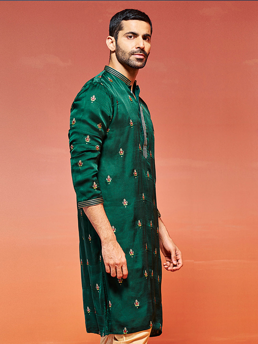 Men's Bottle Green Silk Blend Straight Kurta