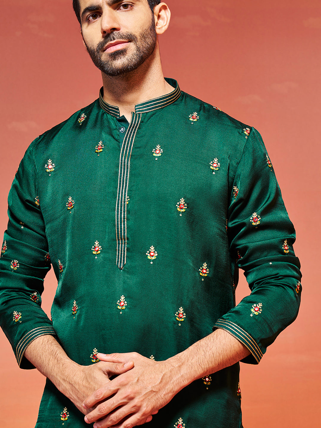 Men's Bottle Green Silk Blend Straight Kurta