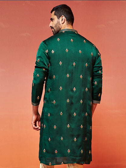 Men's Bottle Green Silk Blend Straight Kurta
