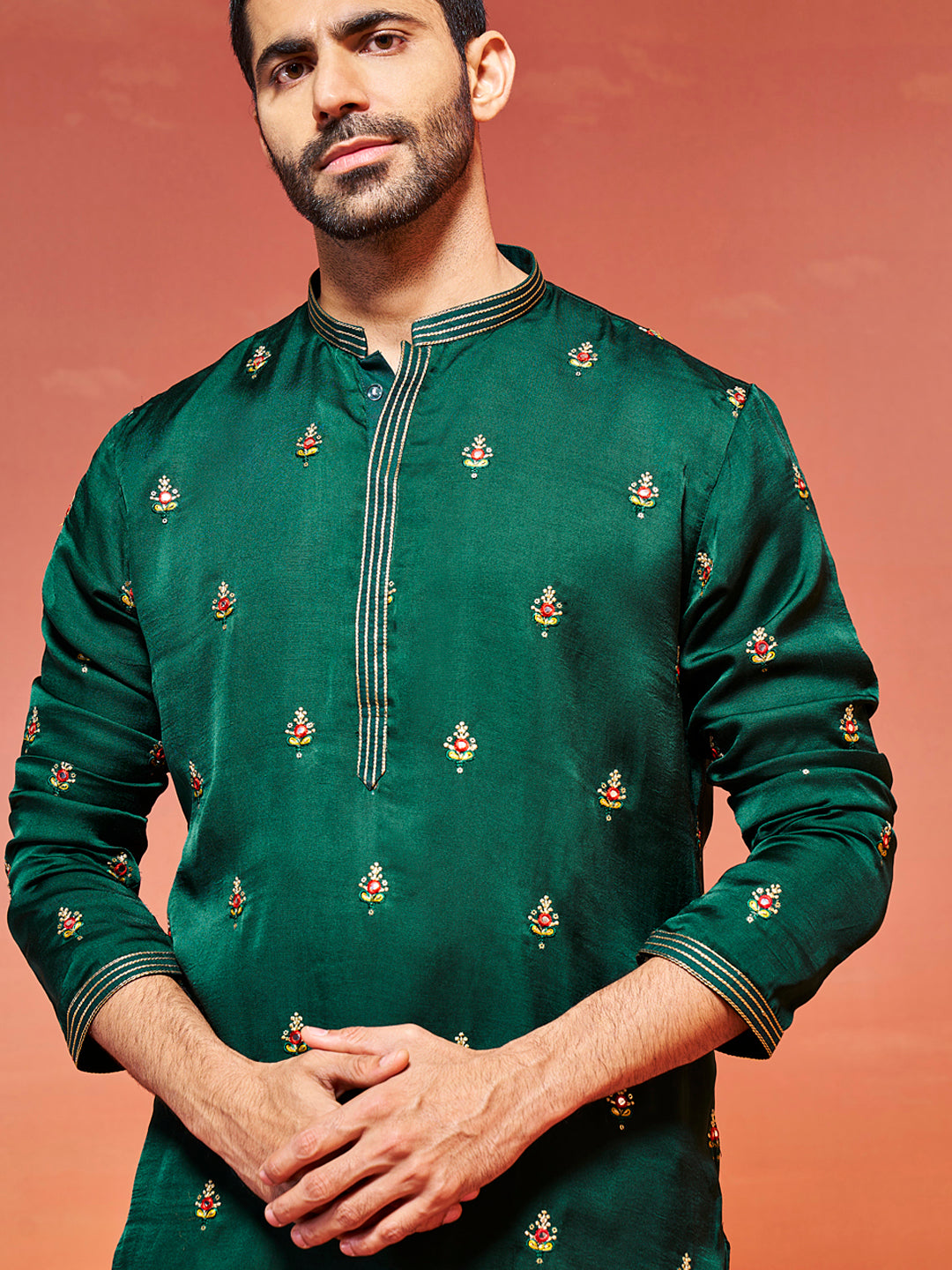 Men's Bottle Green Silk Blend Straight Kurta And Pyjama Set