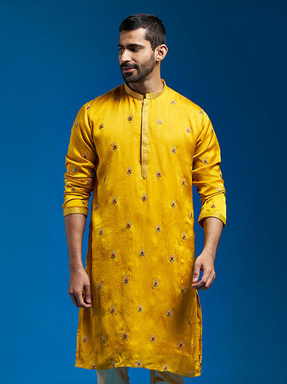 Men's Mustard Silk Blend Straight Kurta