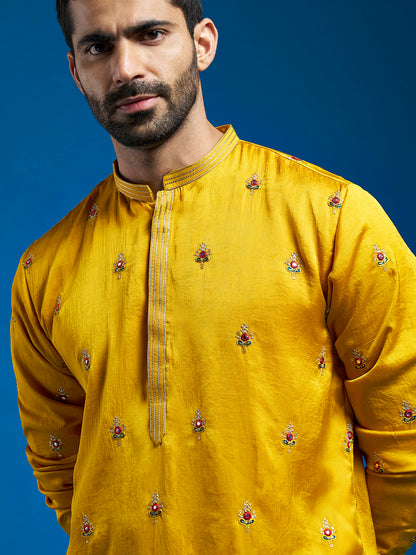 Men's Mustard Silk Blend Straight Kurta And Pyjama Set