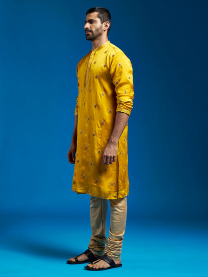 Men's Mustard Silk Blend Straight Kurta And Pyjama Set