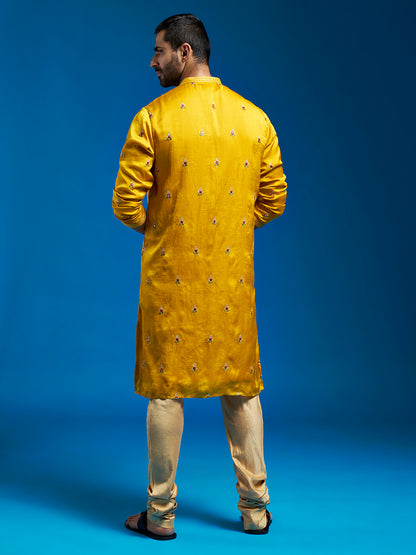 Men's Mustard Silk Blend Straight Kurta And Pyjama Set