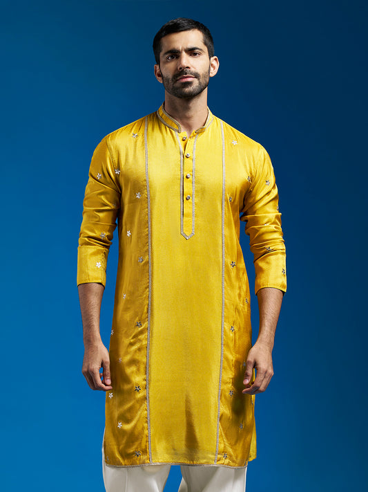Men's Mustard Tissue  Straight Kurta